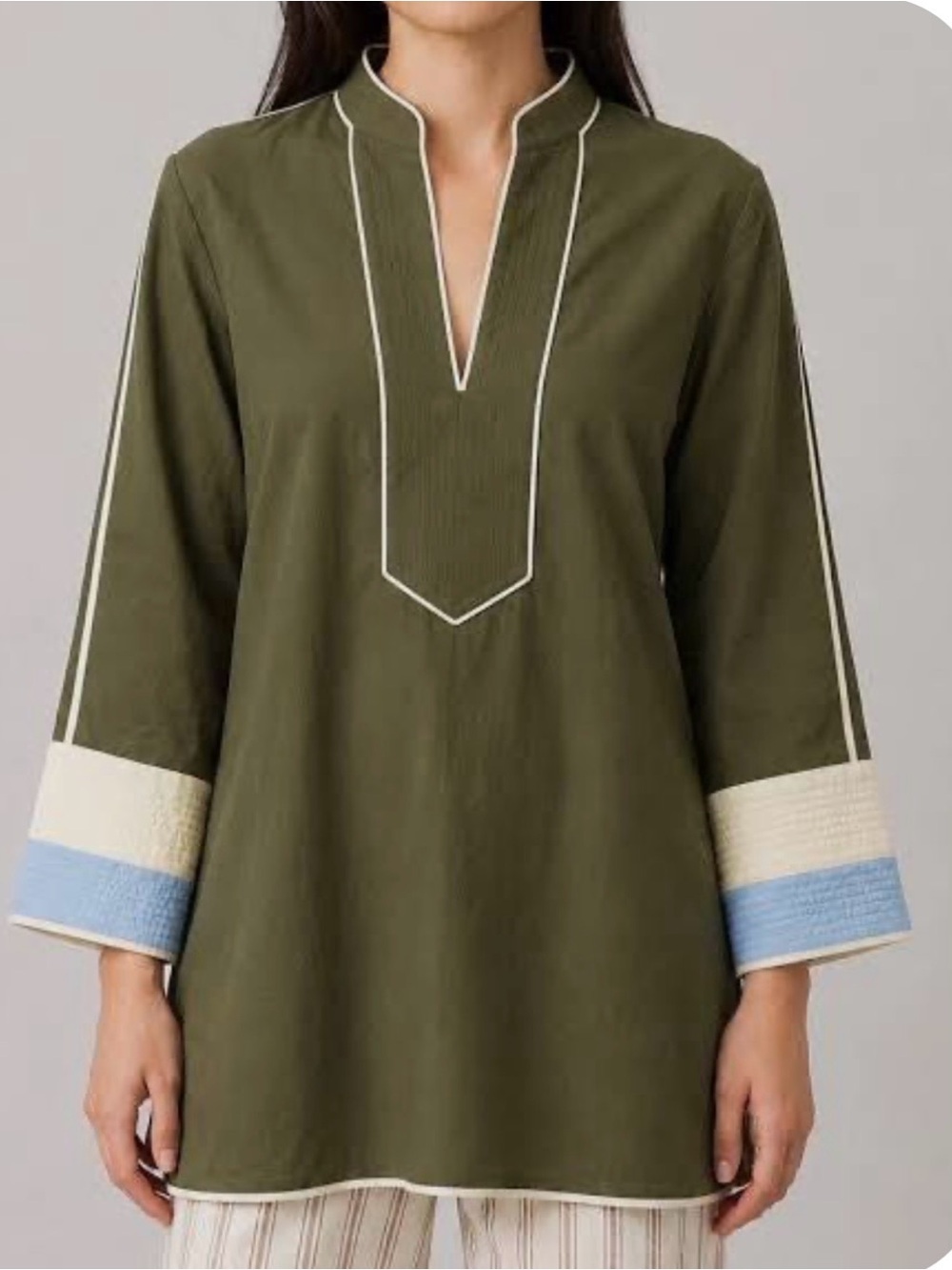 Tory Burch Cotton Voile Tunic Large Olive Green Colorblock Quilted Cuff Top